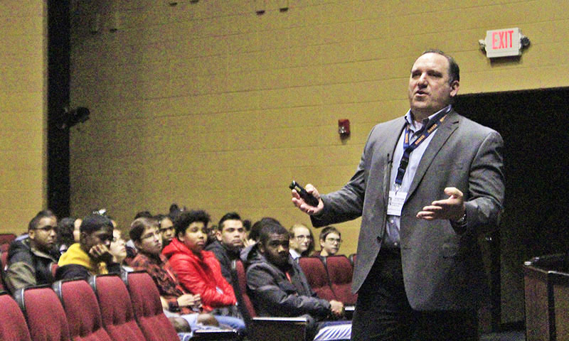 Retired police detective Richard Wistocki speaks to H-F students on Friday, Dec. 7, about the perils of the perils of the social media world, how to avoid them and what to do when encountering bad people. (Photos by Eric Crump/H-F Chronicle)