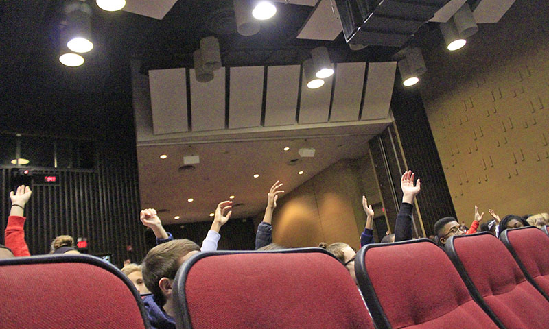 Students raise their hands when presenter Richard Wistocki asks which social media platforms they use. 