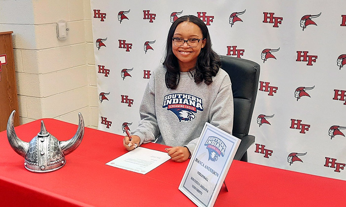H-F High volleyball player Bianca Anderson signed her letter of intent to play at Southern Indiana University. (David P. Funk/H-F Chronicle)