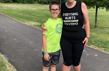 "The Beast" obstacle course proved to be a challenge for Connor Quirke, who ran in the kids race, and his mom, Emily, who took part in the adult race of the H-F Racquet & Fitness Club event. (Marilyn Thomas/H-F Chronicle)