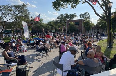 A crowd gathered in downtown Flossmoor the evening of Thursday, July 21, for the second Chamber Night featuring a brass quintet from the Illinois Philharmonic Orchestra. (Bill Jones/H-F Chronicle)