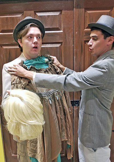 "This will do nicely," Leo, played by Scott Fimhoff, tells Jack, played by Austin Jones, as the pair plan to fake their identities and become women in the comedy “Leading Ladies” at The Drama Group. (Provided photo)