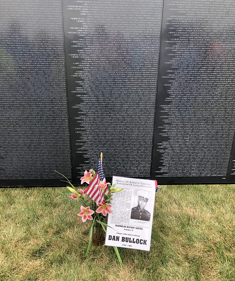 Someone placed a memorial for Kankakee resident Dan Bullock whose name is on the Vietnam Memorial Wall. When he joined the Marines, he lied about his age. He was 15 when he died. (Marilyn Thomas/H-F Chronicle)