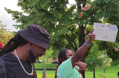 Alexis Wilson's parents, from left, Alonzo and Cara Wilson, release butterflies in the memory of their daughter during the 2022 memorial event. (Eric Crump/H-F Chronicle)