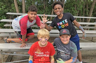 Hobo Jungle campers were, seated, Tyler Matula at left, and Owen Linde with top Jack Schott, left, and Myles Naylor. (Marilyn Thomas/H-F Chronicle)