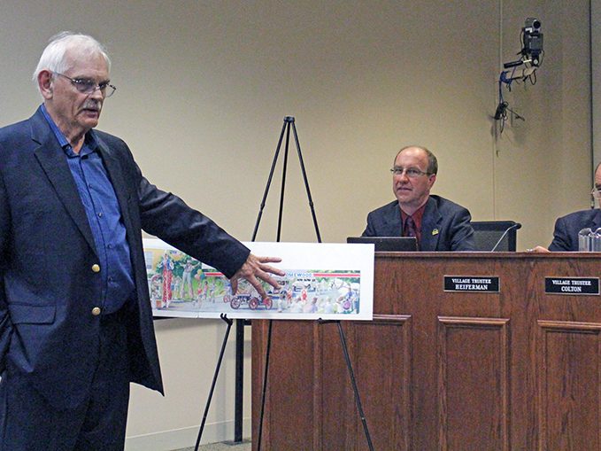 Richard Haas explains the design of "Independence Day," Homewood's most recent mural, at a village board meeting in September 2014. (Eric Crump/H-F Chronicle)