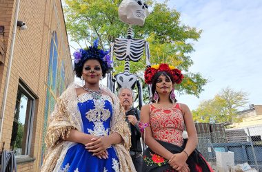 Two La Catrinas and a skeleton were at Fall Fest to promote Homewood's Dia de los Muertos festival on Oct. 15. (Eric Crump/H-F Chronicle)