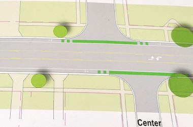 A drawing of proposed lane restructuring on 183rd Street in Homewood shows bike lanes marked in solid green at intersections. (Eric Crump/H-F Chronicle)
