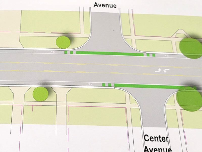 A drawing of proposed lane restructuring on 183rd Street in Homewood shows bike lanes marked in solid green at intersections. (Eric Crump/H-F Chronicle)