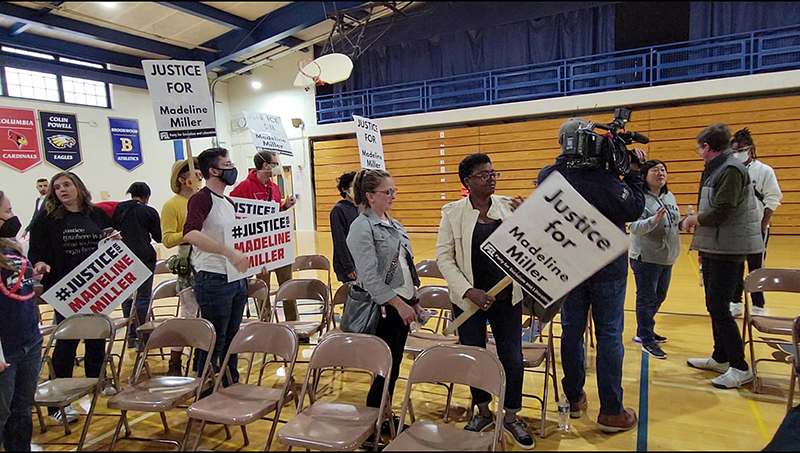Protesters gather during the community forum on Saturday, Oct. 29. The Justice for Madeline Miller coalition continues to challenge the way village officials have responded to the police shooting in July. (Eric Crump/H-F Chronicle)