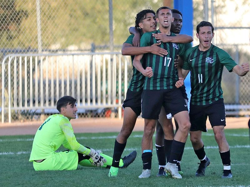 Prairie State freshman Josh Matiscik is mobbed by teammates after scoring what would be the game-winning goal in the NJCAA national championship. (Provided photo)