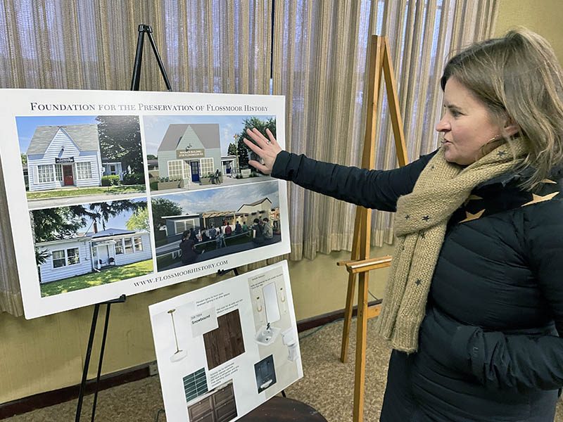 Mayor Michelle Nelson shows how the Foundation for the Preservation of Flossmoor History hopes to restore the Wagner Building to create a space for history and arts. (Bill Jones/H-F Chronicle)
