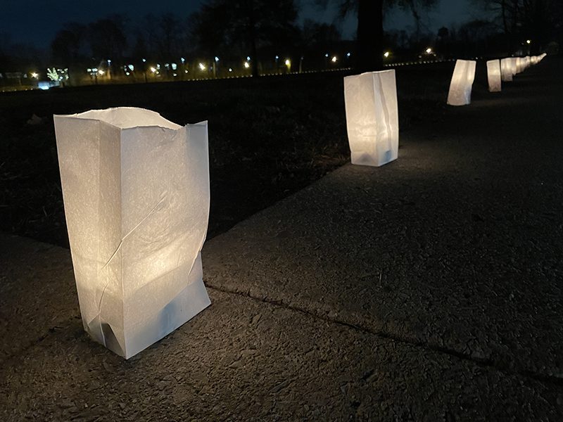 Luminaries line the Brassie Avenue side of Flossmoor Park on Thursday, Dec. 1. The Flossmoor Service League sold the luminaries as a fundraiser for its annual grants. (Bill Jones/H-F Chronicle)