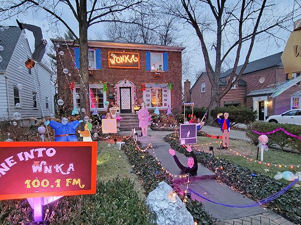 The Willie Wonka-themed holiday display at 2327 Hutchison Road in Flossmoor includes a radio feed that plays Wonka music for viewers. (Eric Crump/H-F Chronicle)