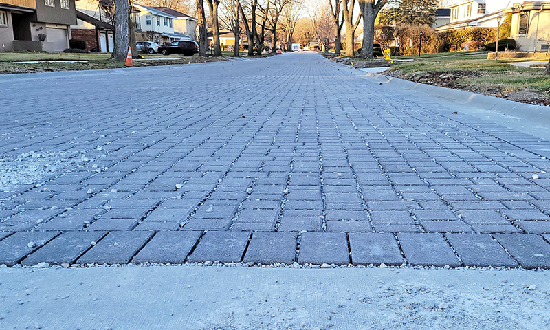 A view looking north of the permeable pavers that replace asphalt on a section of Berry Lane in Flossmoor. (Eric Crump/H-F Chronicle)