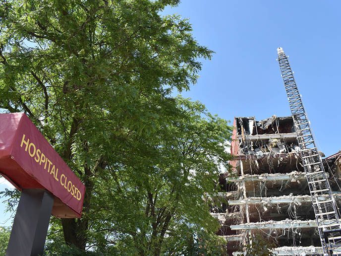 The demolition of Franciscan St. James Hospital in June 2019. (Mary Compton/H-F Chronicle)