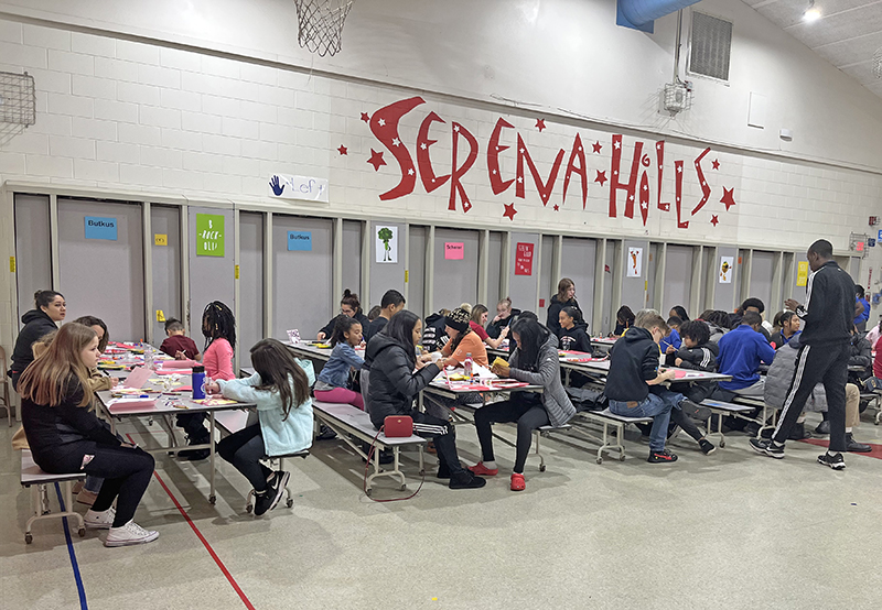 Community members gather at Serena Hills School on Jan. 16, the MLK Day of Service, to make Valentine's Day cards for senior citizens. (Nick Ulanowski/H-F Chronicle)