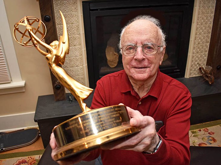 The late CBS newsman Russ Bensley of Flossmoor, who died in August at 92, with his Emmy Award. (Mary Compton/H-F Chronicle)