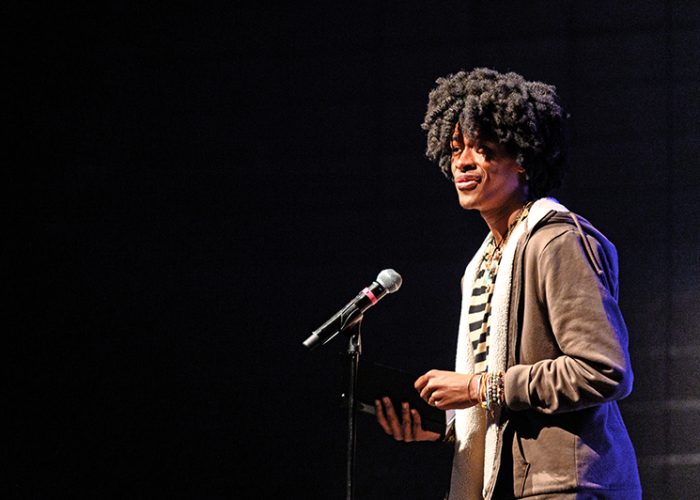 Student Aaron McIntyre (Valentine) performs his spoken word piece “Black Magic.” (Andrew Burke-Stevenson/H-F Chronicle)