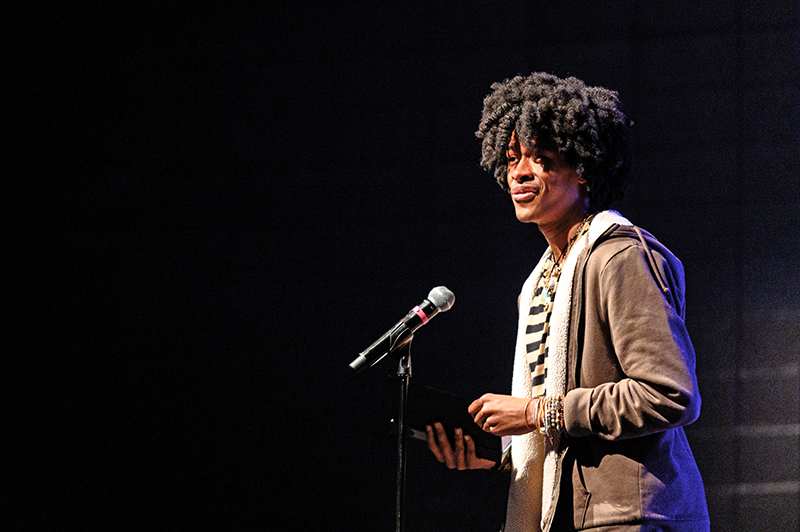 Student Aaron McIntyre (Valentine) performs his spoken word piece “Black Magic.” (Andrew Burke-Stevenson/H-F Chronicle)