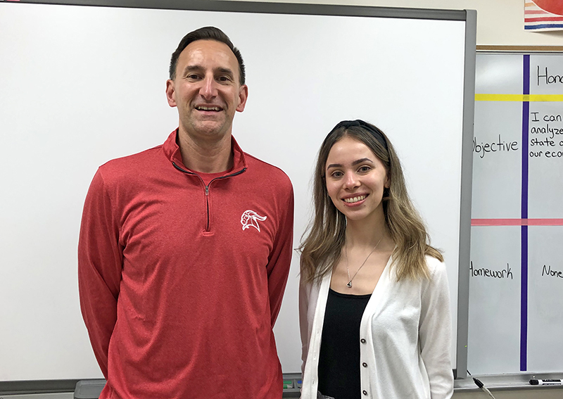 Dana Noble, president of the Homewood-Flossmoor Education Organization, with colleague Amanda Fieramosca. As a student, she received the HFEO future teacher scholarship. She's now teaching economics at H-F High. (Marilyn Thomas/H-F Chronicle)