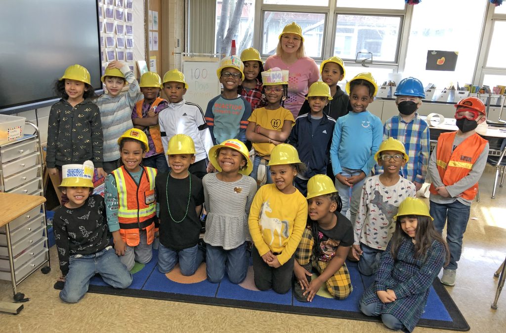 Shannon Cotter's first grade class at Willow School was ready for some "construction" work. The theme was 100 as the school marked 100 days of school this year. Ms. Cotter set a timer for 100 seconds and students had to count how many jumping jacks, squats, push-ups and counting exercises they could accomplish in that time. (Marilyn Thomas/H-F Chronicle)