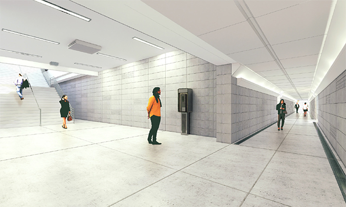 An artist’s rendering shows the design of the renovated pedestrian tunnel at the Homewood train station. Work will begin early in March on the station project and is expected to take two years to complete. (Provided image)
