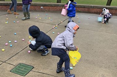 The grass at Irwin Park was off limits due to the weather, so kids collected eggs from around the gazebo and play equipment at the park. (Marilyn Thomas/H-F Chronicle)