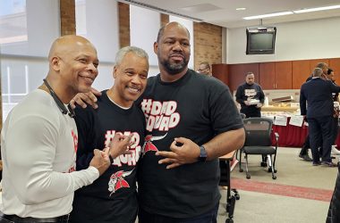Joining the more than 50 dads at the Dad Squad event at Homewood-Flossmoor High School were, from left, Dorian Robinson, Edwin Mangrum and Jamal Webster. (Provided News)