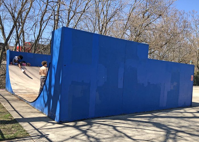 The H-F Park District's Skate Park is back in business. The walls have been painted ─ for the seventh time ─ to get rid of graffiti. (Marilyn Thomas/H-F Chronicle)