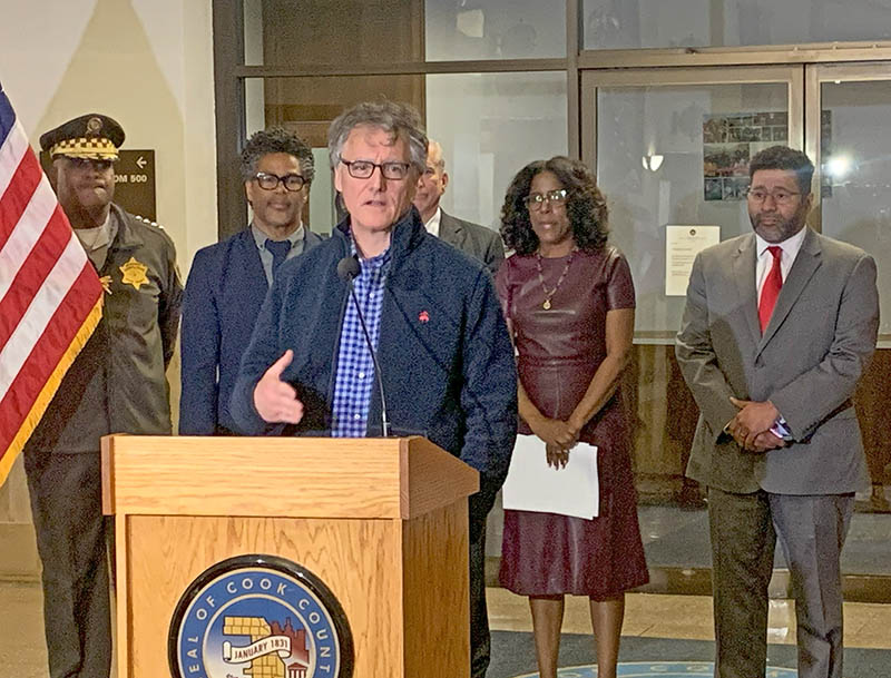 Cook County Sheriff Tom Dart speaks at a news conference April 26 to express his support for a bill before the county commission that would ban flavored nicotine projects in the county. (Provided photo)