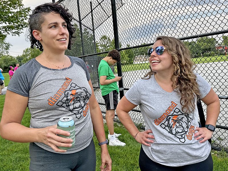 For both Emily McEowen, left, and Rachel Davis, both from Homewood, the July 13 game was only their second time on the field. (Karen Torme Olson/H-F Chronicle)