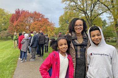 Flossmoor’s, from left, Mika, 10; Christian, 12; and Nia Mathis pose for a photo near Leavitt Park during the village’s first Guided Fall Tree Walk on Thursday, Oct. 19. (Bill Jones/H-F Chronicle)