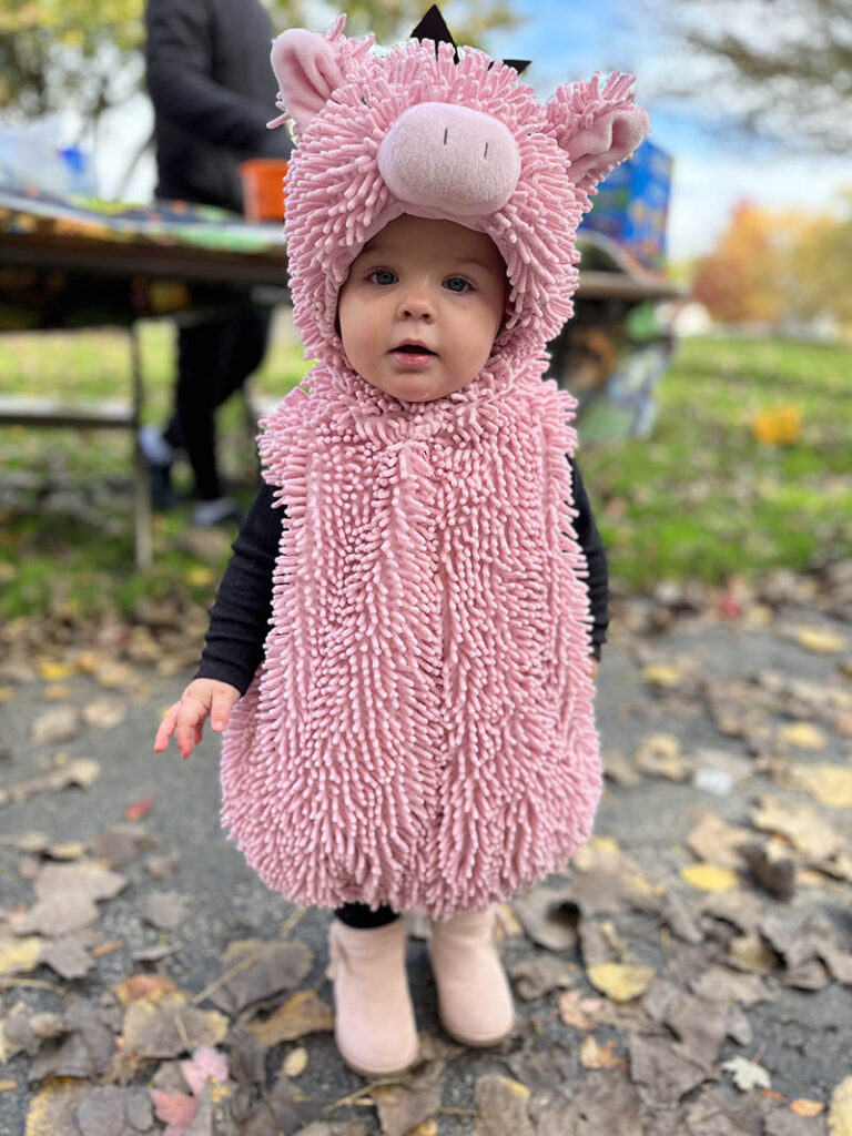 Brooklyn Orozco, 20 months old, dressed up as a farm animal piggy, trick or treating with family at Millennium Park in Homewood. (Nuha Abdessalam/H-F Chronicle)