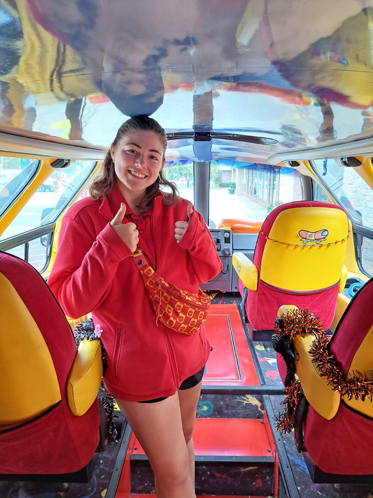 "Grill em up" Emily Schmitt of Atlanta is a member of the Wienermobile staff. (Amy Crump/H-F Chronicle)