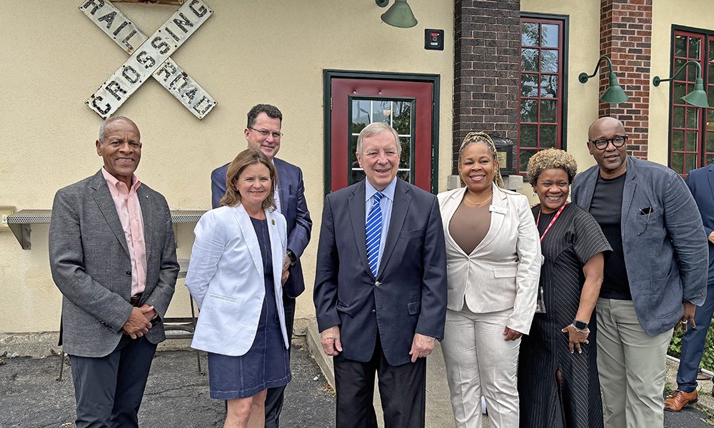 U.S. Sen. Richard Durbin, center, met with a delegation from the Chicago Southland Chamber of Commerce, from left, Vernard Allsberry, Flossmoor Mayor Michelle Nelson, chamber President Paul Donahue, chamber Director Jennel Hooper, Wind Creek Casino representative Cathye Amos, and Marcellus Marsh of Bionic Content. (Marilyn Thomas/H-F Chronicle)
