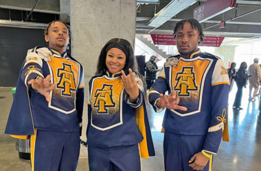 Three 2019 Homewood-Flossmoor High School graduates, from left, Antonio Bonds II, Zahra Harmon-Cohran and Cameron Barton, marched in the 2024 Rose Bowl Parade as members of the Blue & Gold Marching Machine of North Carolina A & T University. (Provided photo)