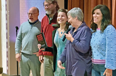 November’s storytellers take a bow. They are, from left, Tom Dobrez, Errol McClendon, Megan Wells, Homewood Stories founder and curator Karen O’Donnell and Betsey Milord.