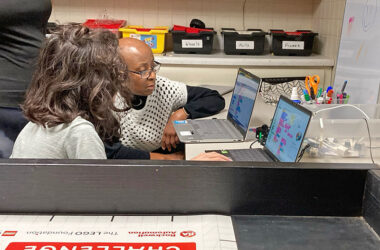 Simon Reyes, left, and Gerrie Shepard, the grandmother of one of the students and a retired computer programmer who helps the students learn to code. (Provided photo)