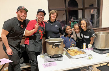 From left, Matt Meschede, Chef Wan Kim, Dunning's Market owner Maureen Mader, Dunning's Market assistant manager Paris Peebles, CFFEIM founder and executive director Ann Jackson and Dunning's Market staff member Sydney Gammon at Soup for the Soul. (Nick Ulanowski/H-F Chronicle)