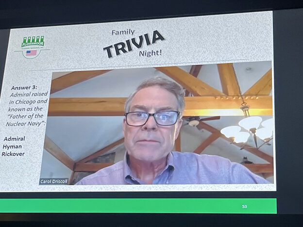 Retired Rear Admiral Patrick Driscoll, an H-F High School alumnus, reads the United States Military trivia questions in a pre-recorded video. (Nick Ulanowski/H-F Chronicle)