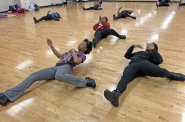 From standing position to down on the floor, it's all part of the routine H-F Steppers will use in competition in St. Louis. (Marilyn Thomas/H-F Chronicle)
