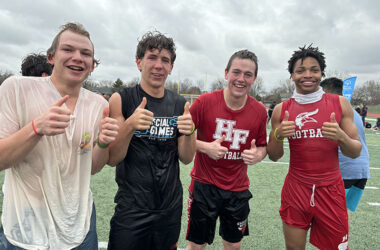 Cold but happy participants in the H-F Polar Plunge are, from left, Nick Calomino, Ryan Custody, Finn Schmidt and Joseph Neal. (Marilyn Thomas/H-F Chronicle)