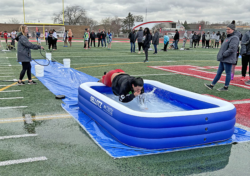 This student is ready to hit the water at the H-F High Polar Plunge on Friday, April 5. About 60 students and staff took the plunge into the cold water. (Marilyn Thomas/H-F Chronicle)