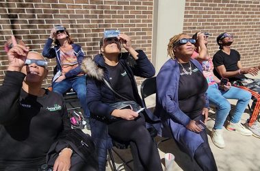 From left, eclipse viewers Yvette Miller, Candice Seals, Hazel McCoy, Darryl Williams and Andre Harris II. (Eric Crump/H-F Chronicle)