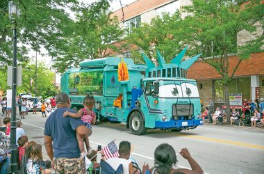 Wendy the Waste Truck, named in tribute to Homewood Disposal founder Wendell Yonker, regularly turns up in local parades, including in Homewood, above, and helps with recycling education. (Provided photo/Homewood Disposal)