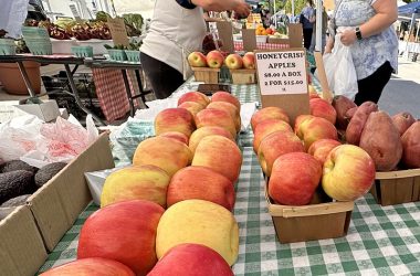 Perfect apples and pears from Six Generations Farm tempt shoppers like Tiffany Vaughn of Homewood (right), who collects her purchases from seller Martha Figueroa. (Karen Torme Olson/H-F Chronicle)