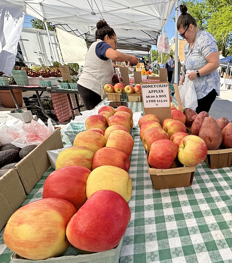 Perfect apples and pears from Six Generations Farm tempt shoppers like Tiffany Vaughn of Homewood (right), who collects her purchases from seller Martha Figueroa. (Karen Torme Olson/H-F Chronicle)