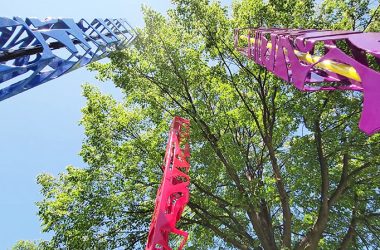 Three sculptures installed in May at the southeast corner at Brassie Avenue and Flossmoor Road, "Blue Moon," "The Purple Rising" and "Spine, Spindle Heart," are by William O’Brien. (Eric Crump/H-F Chronicle)