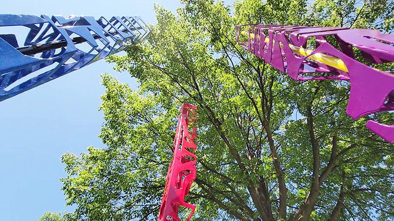 Three sculptures installed in May at the southeast corner at Brassie Avenue and Flossmoor Road, "Blue Moon," "The Purple Rising" and "Spine, Spindle Heart," are by William O’Brien. (Eric Crump/H-F Chronicle)